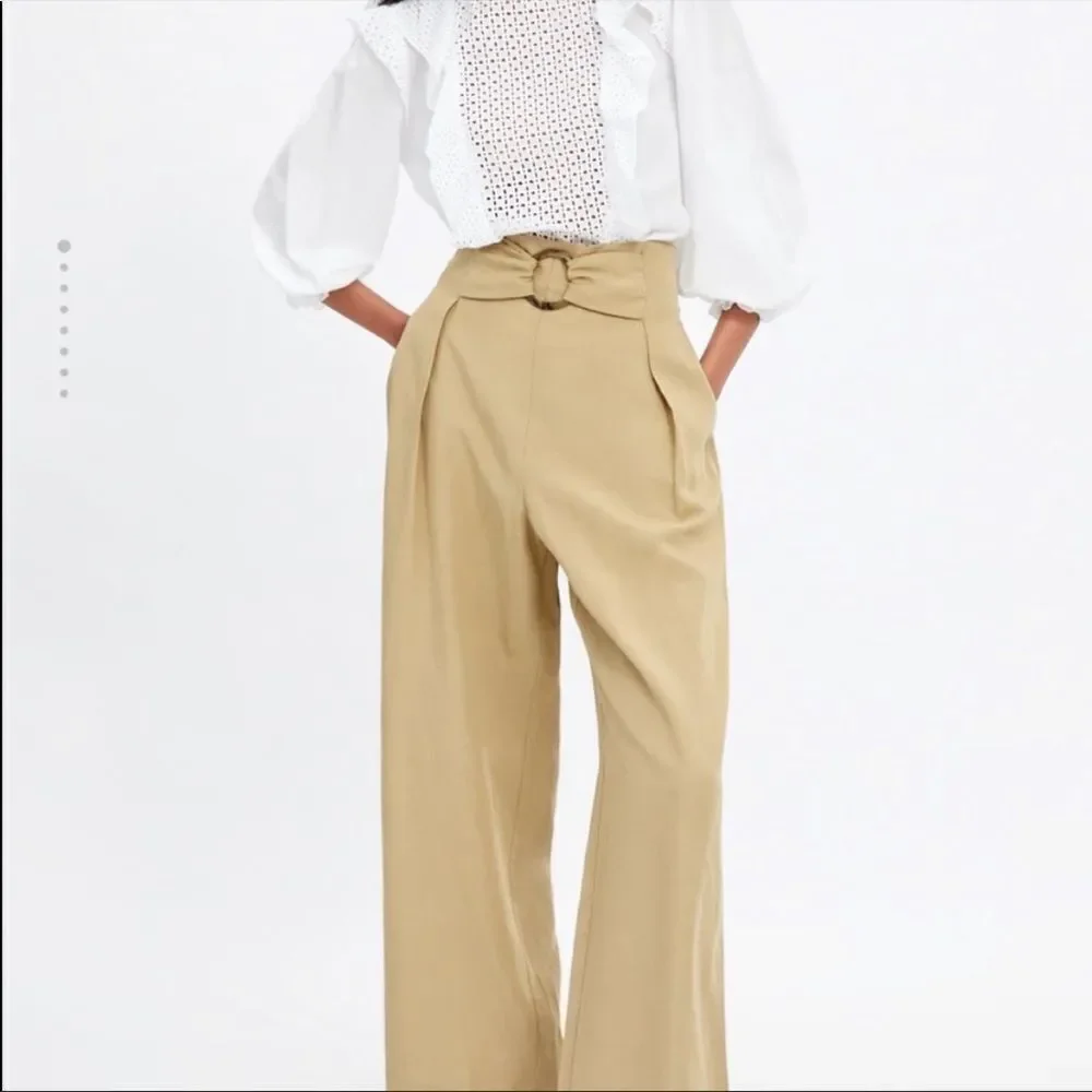 ZARA High Waisted Linen Wide Leg Pants Camel Tan M